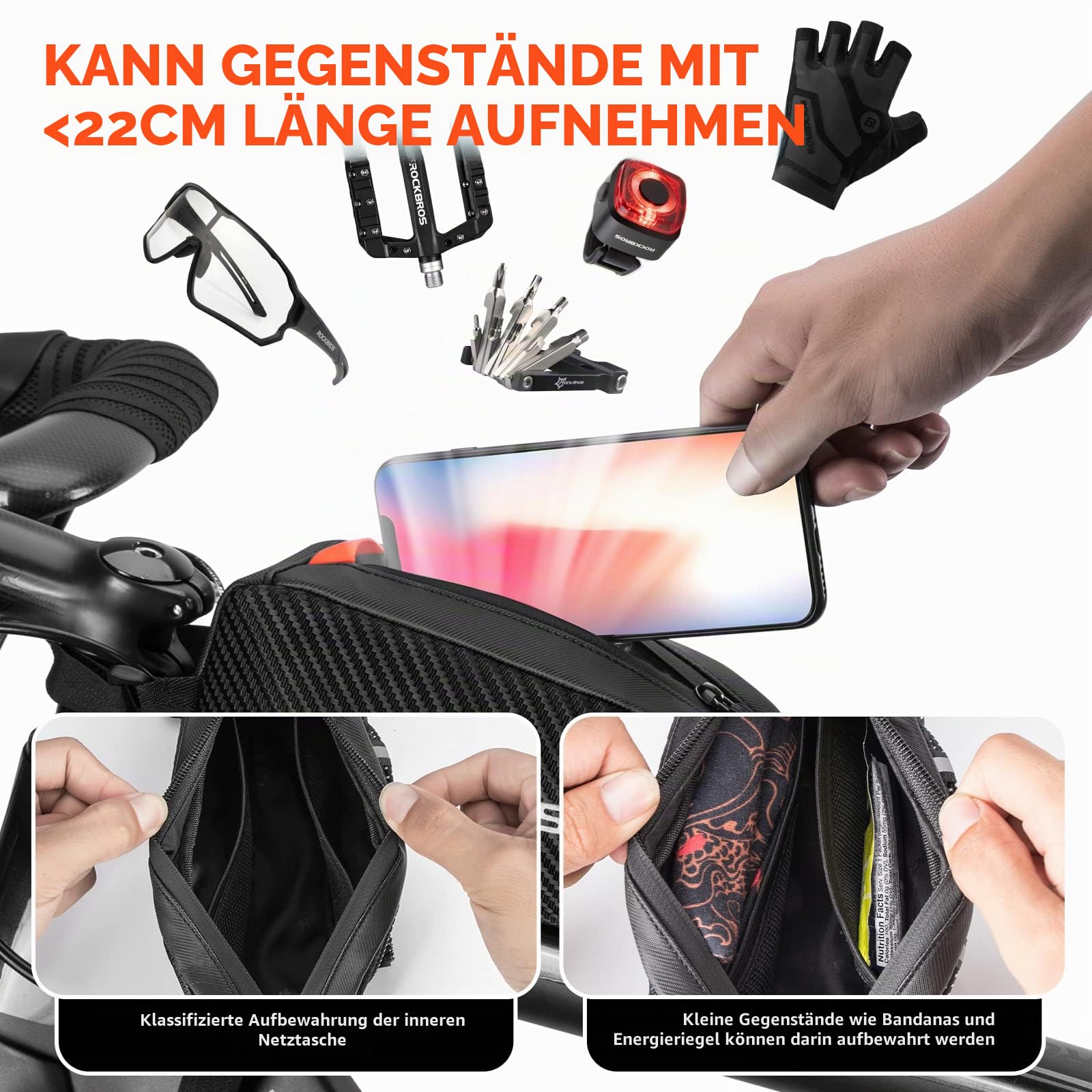 ROCKBROS Fahrrad Rahmentasche Oberrohrtasche ca.1L mit Seitliche Kordel 3