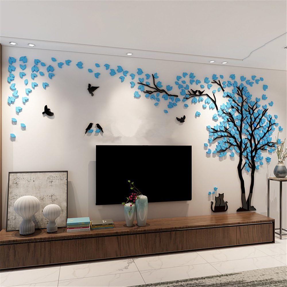 3D Huge Couple Tree DIY Wall Stickers Crystal Acrylic Wall Decals Wall Murals Nursery Living Room Bedroom TV Background Home Decorations Arts (Blue-Right, L)