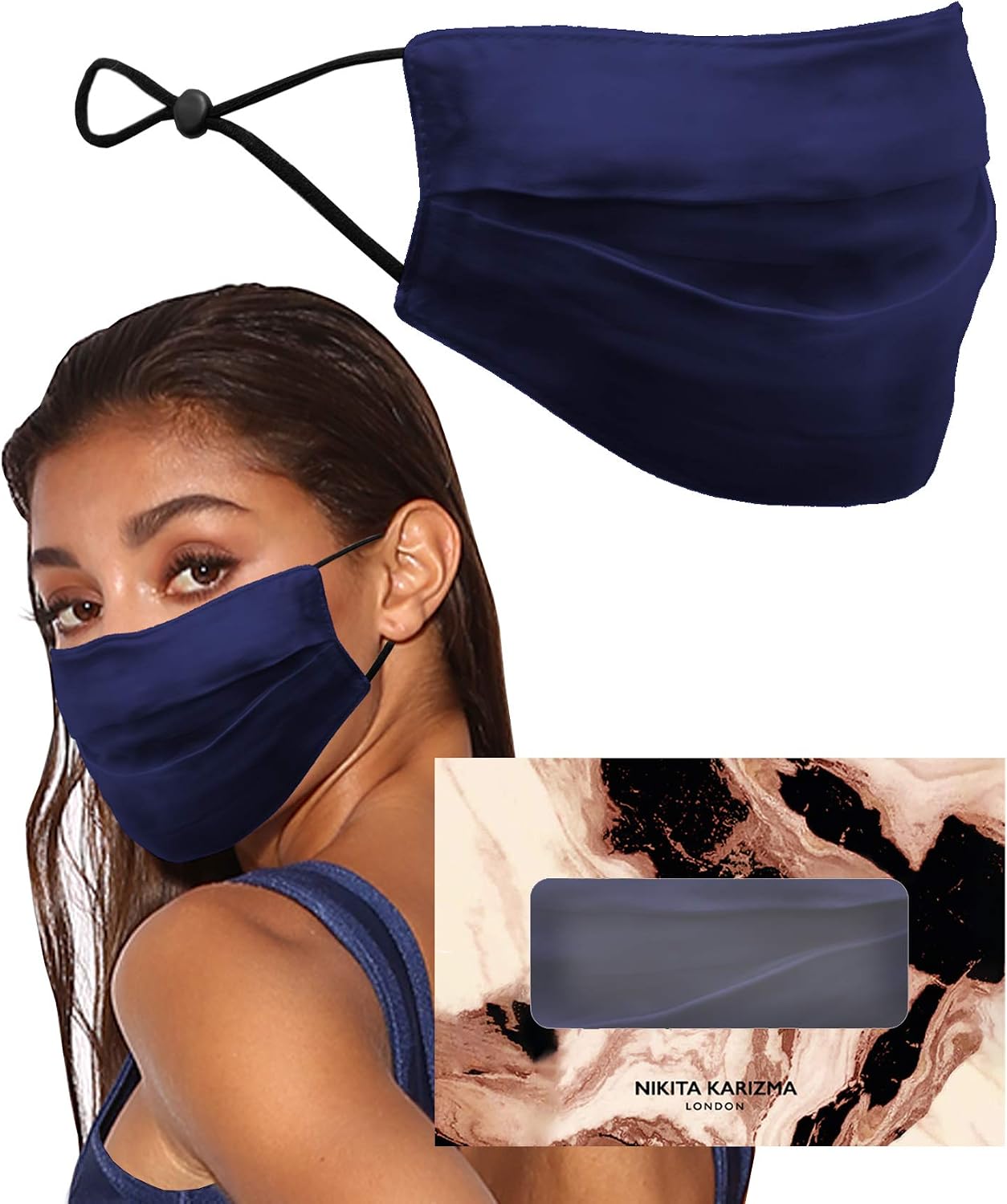 KARIZMA Beverly Hills Silk Face Mask. Navy Designer Face Mask for Women. Washable Fabric Reusable Facemask. 19 Momme Mulberry Silk Mask
