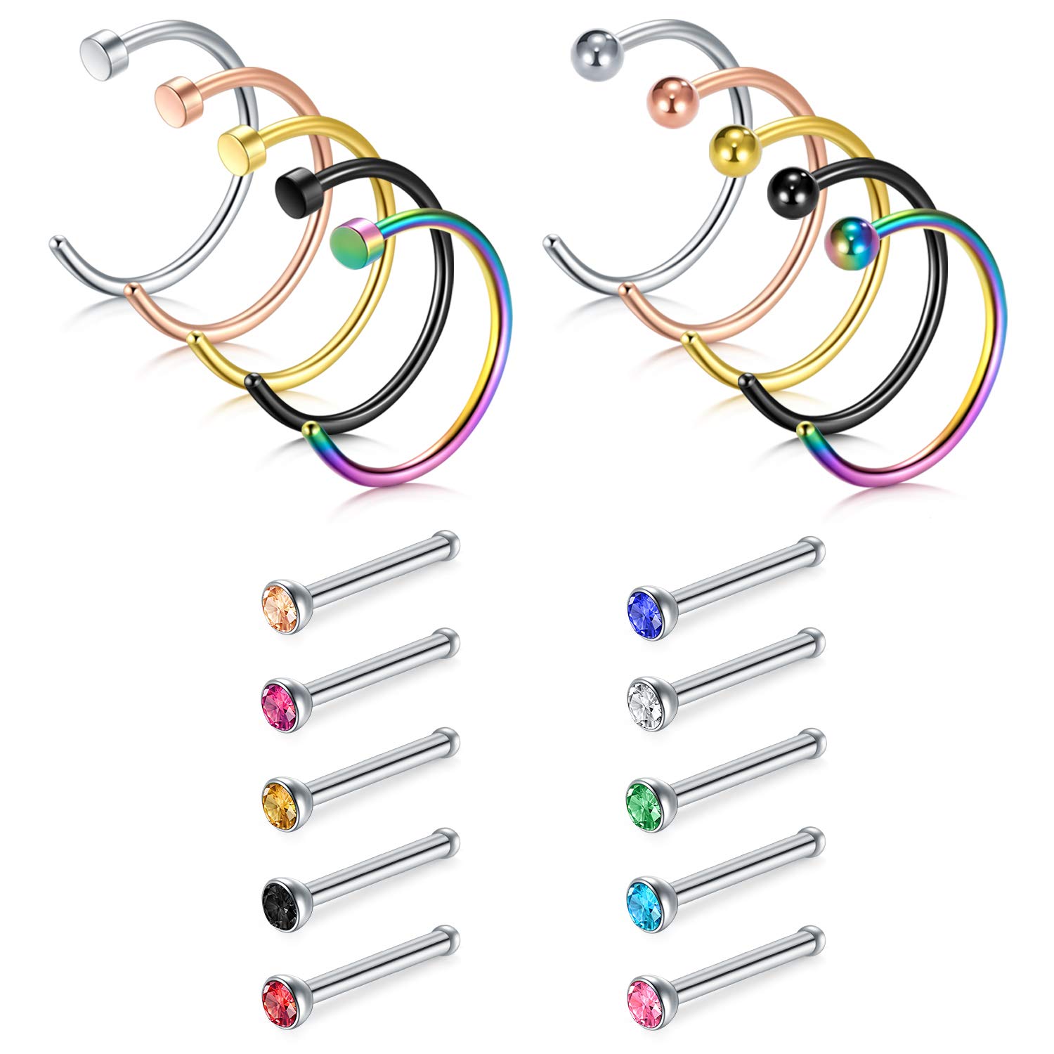 AceFun Nose Piercing Jewellery - 0.8 & 20 Gauge Nose Rings & Pins Mix Color Diamond CZ Bone L-Shaped Studs 20PCS