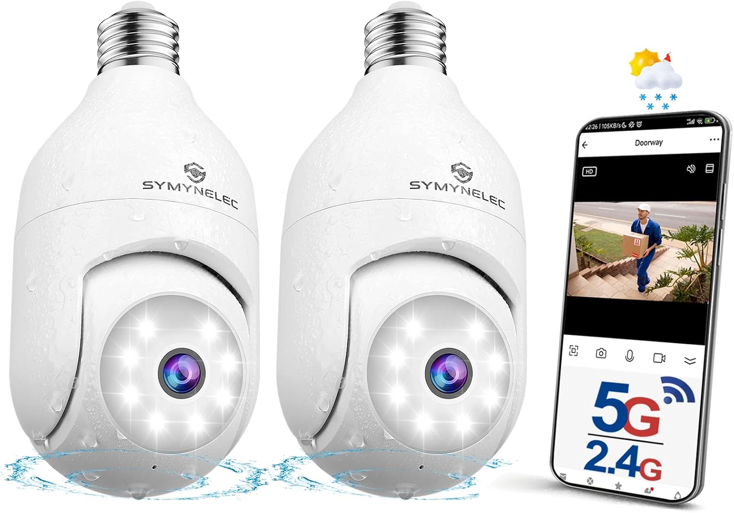 SYMYNELEC Light Bulb Security Camera: Outdoor Wireless WiFi Light Socket Security Cam 360 AI Motion Detection Auto Tracking 2K Color Night Vision 2-Way Talk Siren (5GHz&2.4GHz 2-Packs)