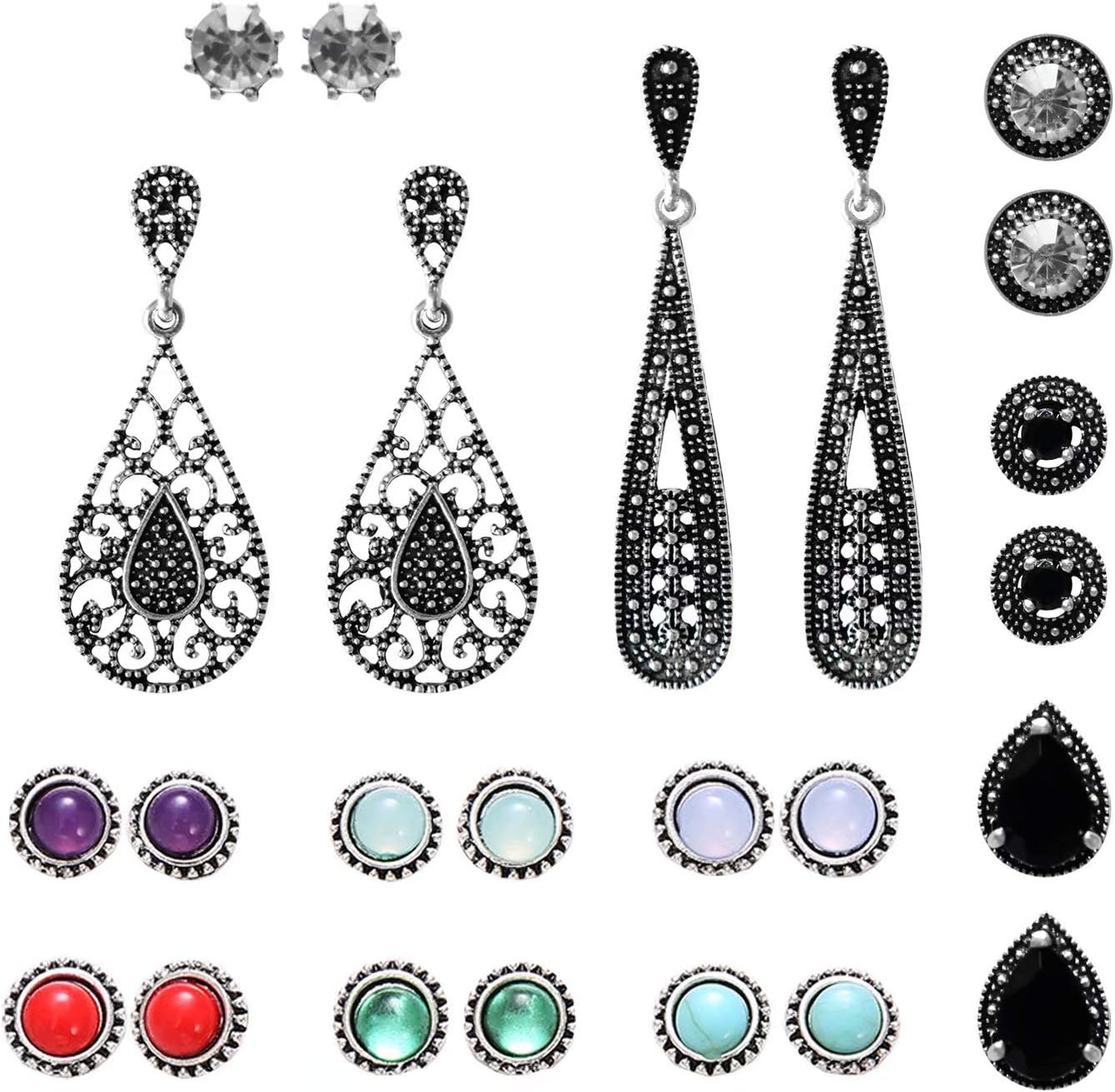 Multiple Stud Hypoallergenic Earrings Set, Boho Vintage Dangle Ear Ring, Bohemian Ear Piercing Jewelry