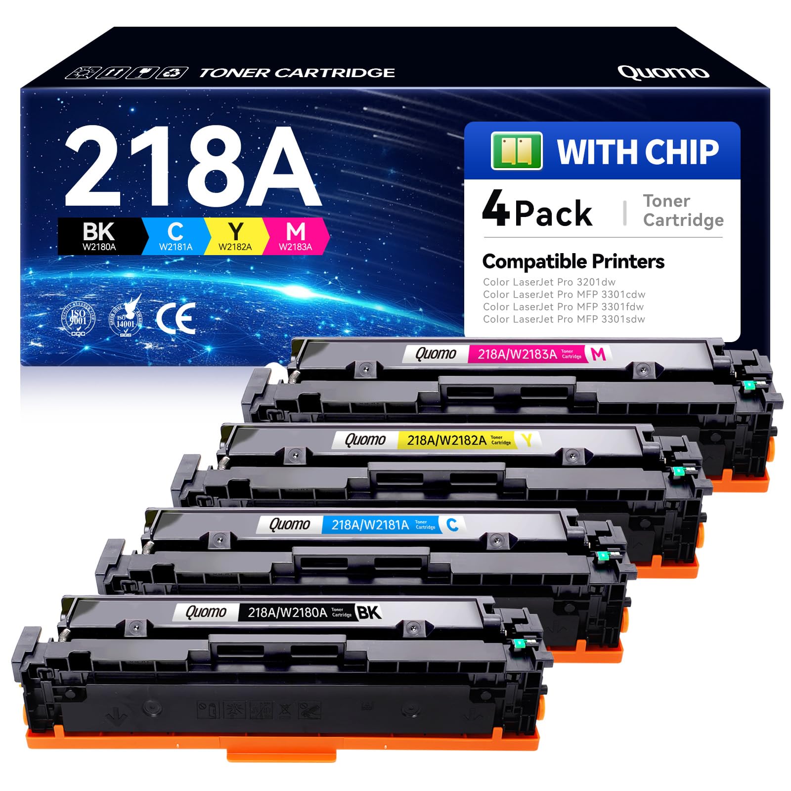 Photo 1 of 218A Toner Cartridges 4 Pack 3301fdw with Chip Replacement for HP 218A 218X Compatible for Color LaserJet Pro MFP 3301cdw 3201dw 3301sdw Printer W2180A W2180X High Yield (Black Cyan Yellow Magenta)