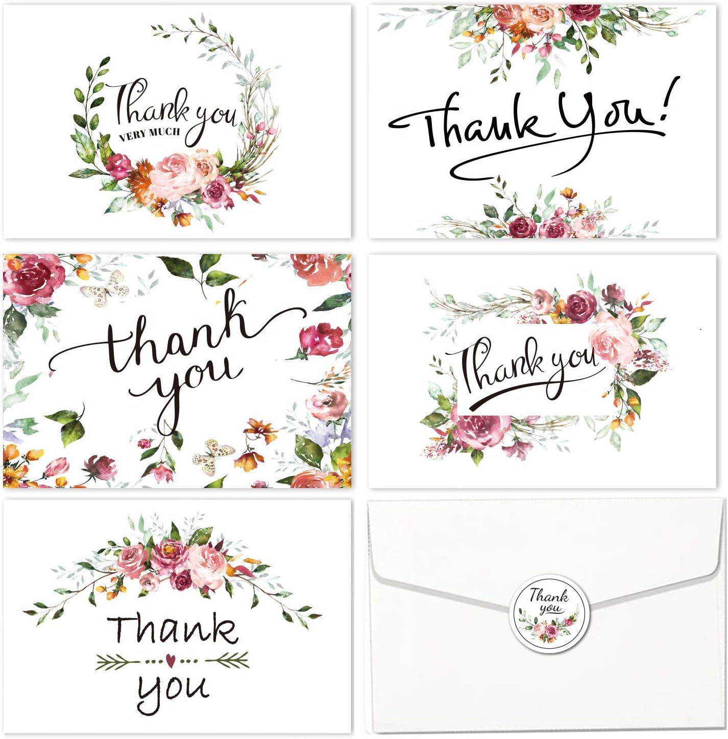 Thank You Cards 30pcs Floral Greeting Cards Notes for Wedding, Baby Shower, Bridal, Bussiness, Anniversary- Watercolor Flower Cards - with Adhesive Envelopes and Seals, 5 Designs Blank Inside