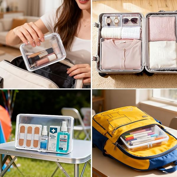 4 PACK CLEAR HARD SHELL ZIPPER CASE (S,M,L,XL), 1.2MM CRUSH-PROOF TRANSPARENT STORAGE POUCHES, HARD PLASTIC PACKING CUBES & ORGANIZER BAGS FOR TRAVEL, PENCIL, COSMETICS, TOILETRY, TOYS STORAGE