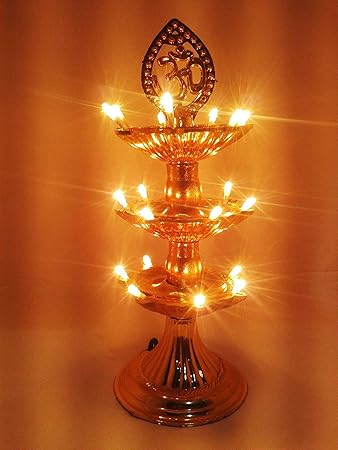 Varshine Home Premium 3 Layer Electric Gold LED Bulb Lights Diya|Deep|Deepak for Pooja|Puja|Mandir| Diwali Festival Decoration||Pack of 2|| D-04