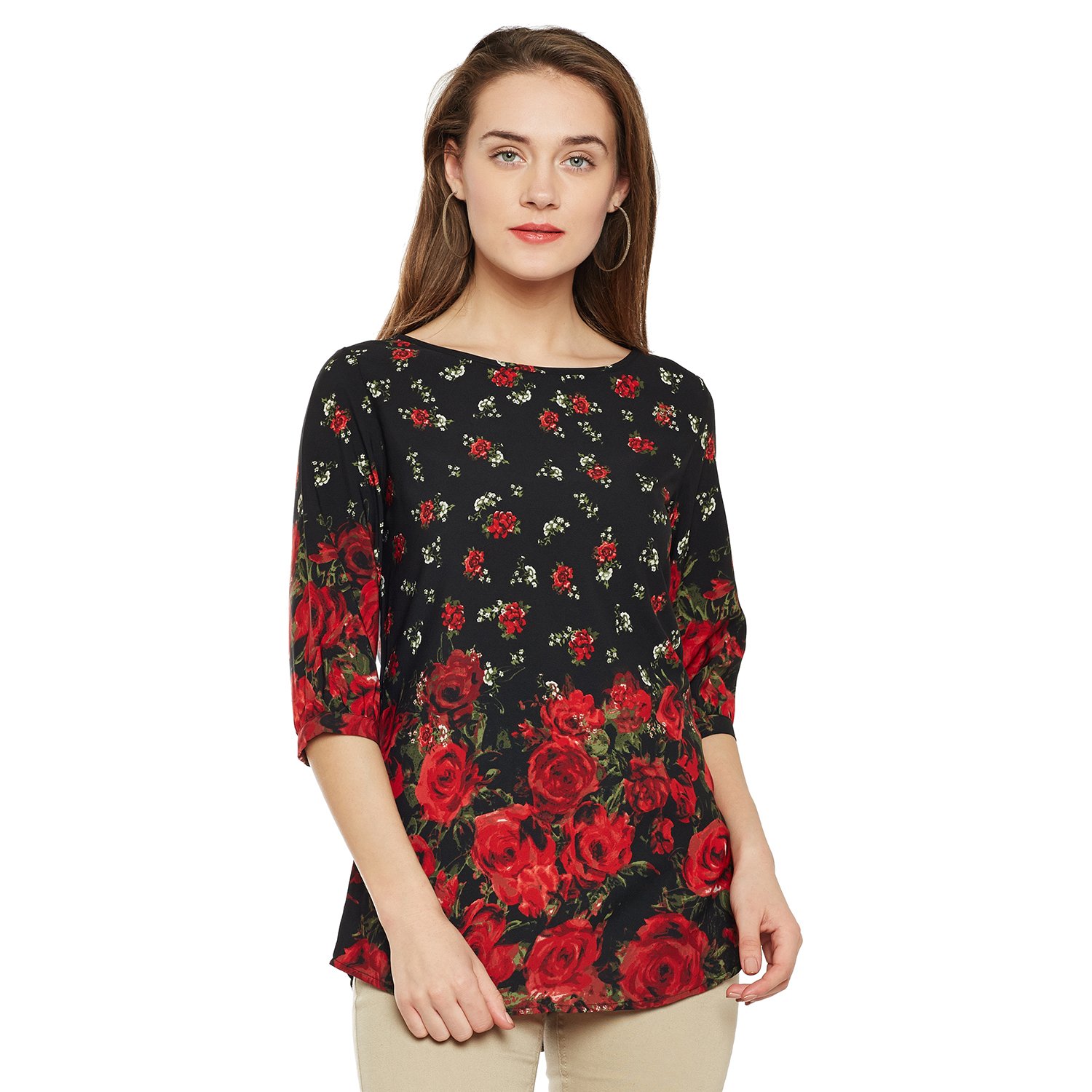 ruhaan's women's black and multi color printed top in crepe(ak_7593)
