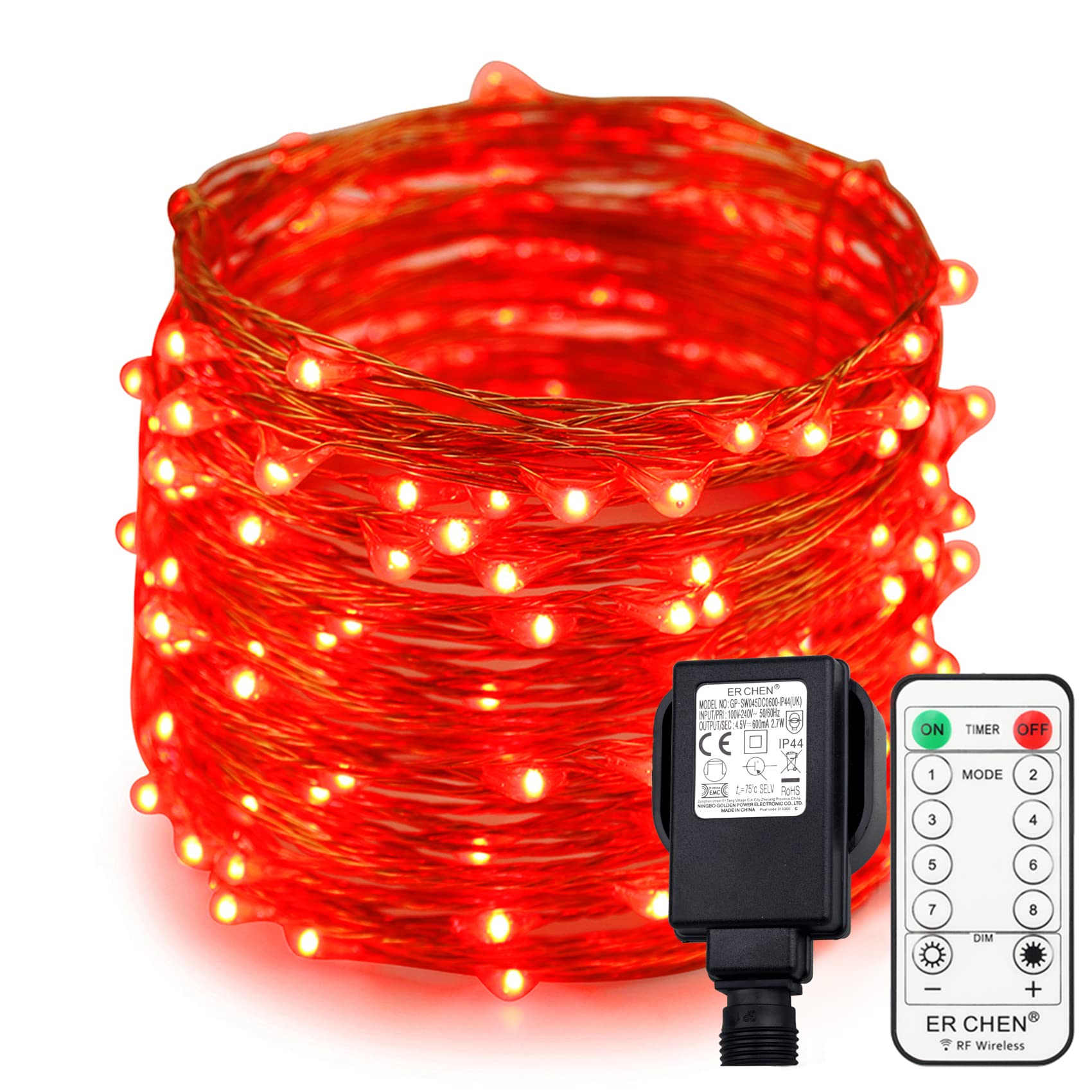 ER CHEN Fairy Lights Plug in 66 Ft 200 LED Copper Wire Dimmable Twinkle String Lights with Remote Timer, Red