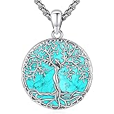 LOOVE Turquoise Tree of Life Necklace for Women S925 Sterling Silver Turquoise Jewelry/Moon/Pentagram/Witch Knot/Lilith/Family Tree Pendant Anniversary Birthday Gift for Women