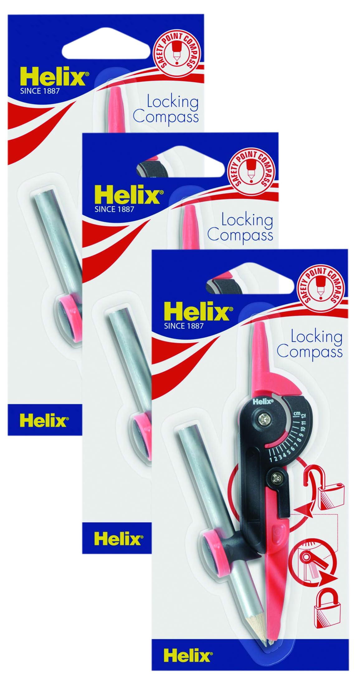 Helix Locking Compass (Assorted Colours), Red/Black (Pack of 3)
