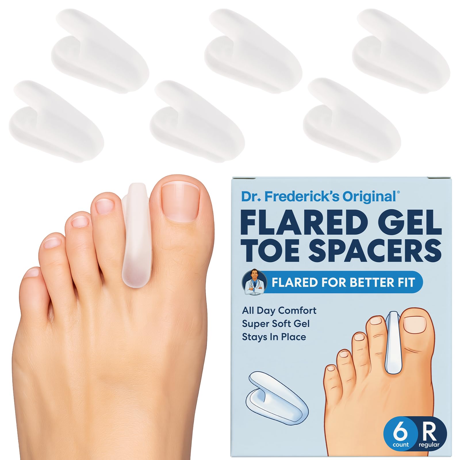 Dr. Frederick’s Original Flared Gel Toe Separators - 6 Pieces - Toe Spacers - Bunion Pain Relief - Flared Design Stays in Place for Men and Women