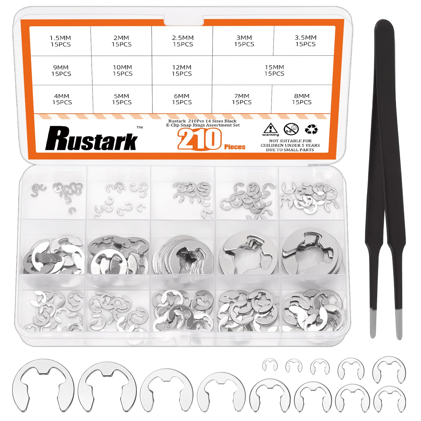 Rustark 304 Stainless Steel E-Clips Assortment Kit, 211Pcs, 14 Sizes, External Retaining Rings, Circlip Rings, Washers, Gears, Pulleys, Axles