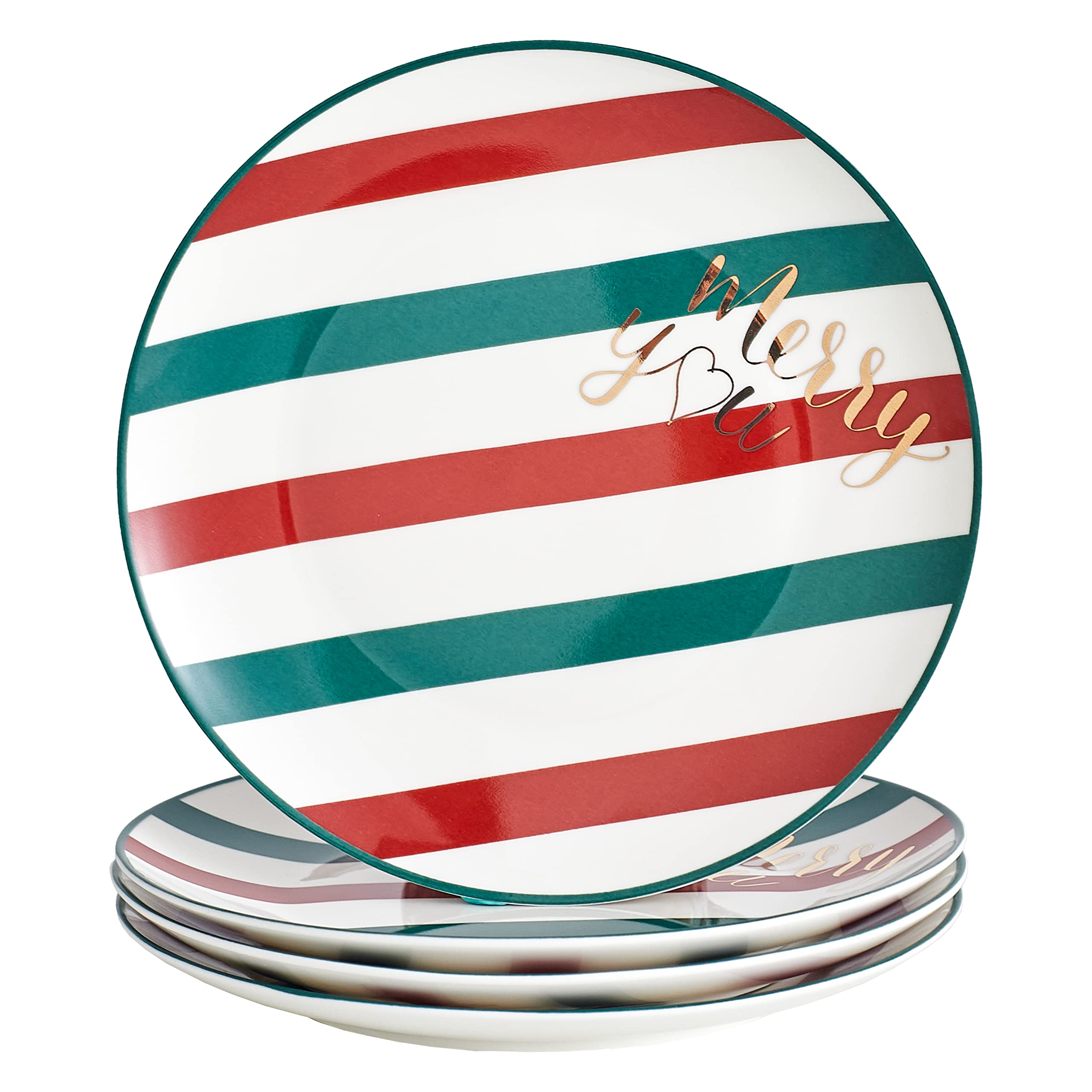 Swuut Christmas Holiday Bone China Dinner Plates - Dessert Plates - Salad Plates Set of 4,Dishwasher Safe (Strip, 8 inch)