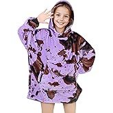 KIVEE Wearable Blanket Kids Purple Cow Print Sweatshirt with Giant Pocket, Warm Cozy Cow Hooded Blanket for 6-10 Year Old Girl/Boy, Birthday Gifts