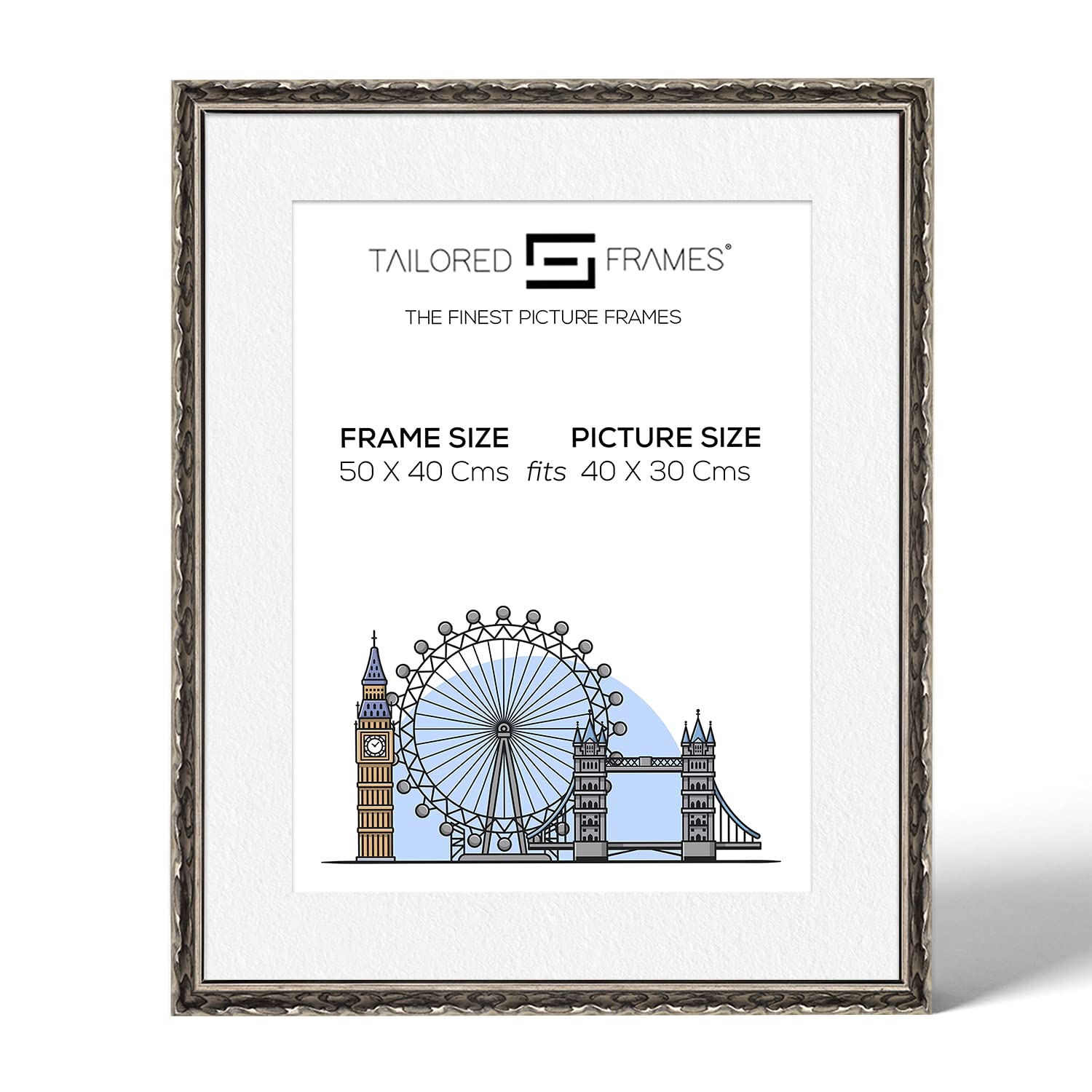 Tailored Frames Vienna Silver 50 X 40 cm Frame for 40 X 30 cm Picture | Rustic Style Vintage Single Picture Frame | Wall Hanging Type | Photo Frame with White Mount