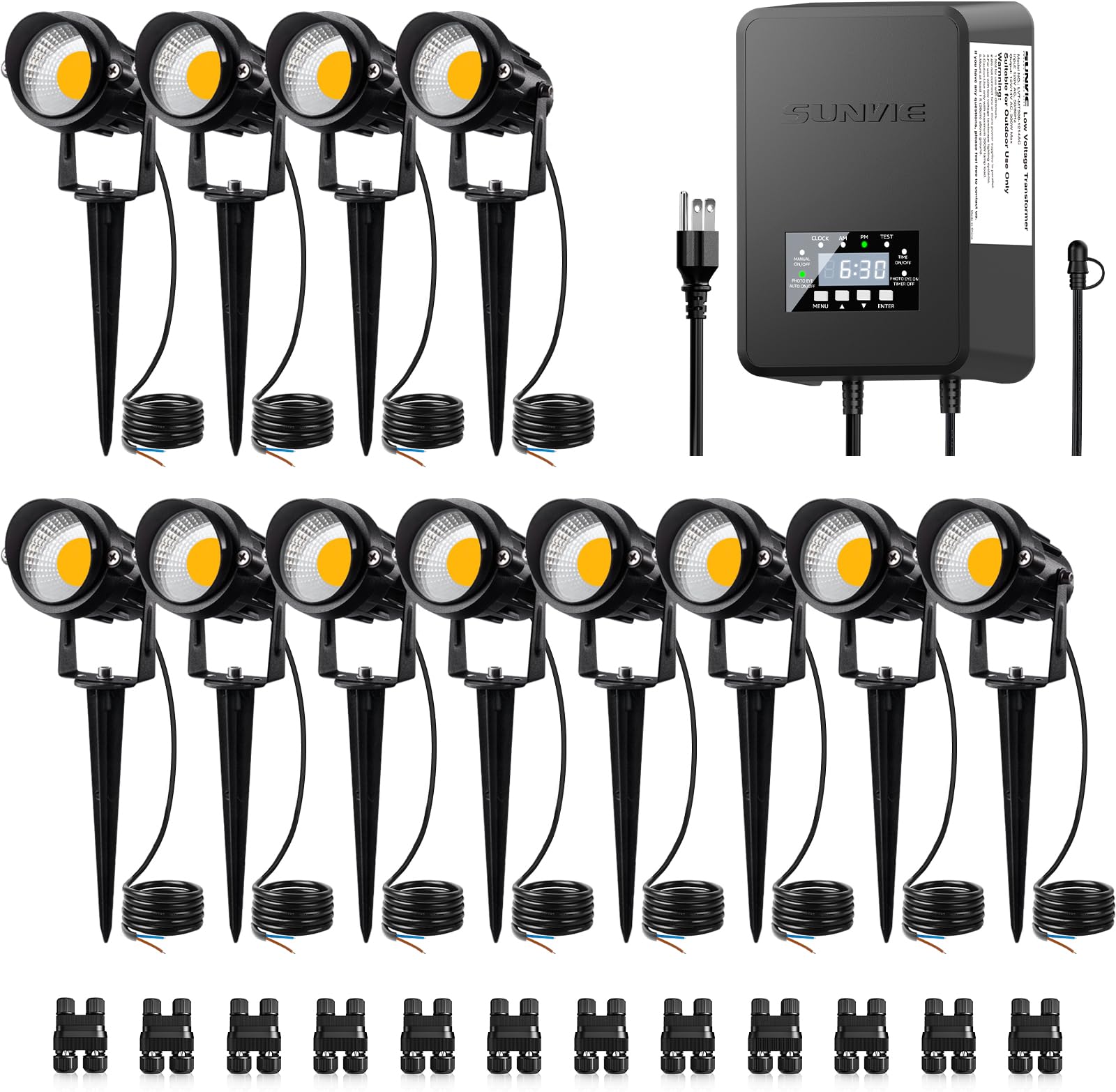 Photo 1 of SUNVIE 12 Pack Low Voltage Landscape Lights with 300W Transformer 12-24V LED Landscape Lighting Kit 3000K Waterproof Aluminum Landscape Spotlights with Wire Connectors for House Yard Tree Garden