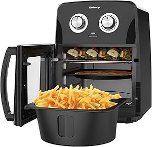 KitchenUp 12 QT Air Fryer Oven Combo, 10-in-1 Auto-Stirring Hot Cooker with Visualized Window, Dishwasher Safe Frying Accessories for Roasting, Reheating and Dehydrating (A Mitt and Recipe Included)