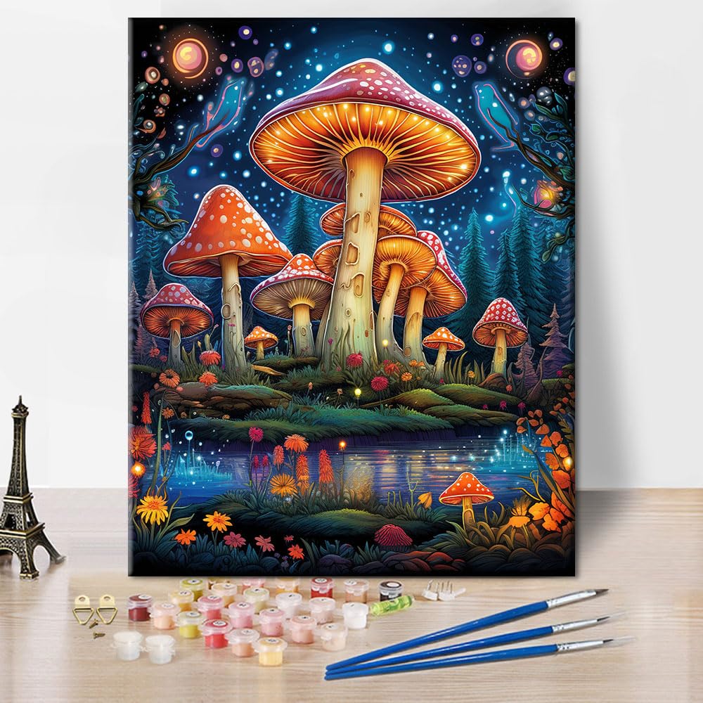 TISHIRON Paint by Numbers Kit for Adults, Adult Paint by Number Kits - Fantasy Forest with Glowing Mushrooms and Fungi, DIY Art Craft for Beginners - 16x20 Inch