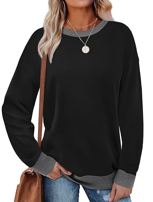 Saloogoe Sweatshirt for Women Crewneck Long Sleeve Shirts Womens Tops Trendy Pullover Dressy Casual Black Sweaters Business Casual Outfits L