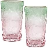 TOSSOW Drinking Glasses, Glassware Sets of 2, Mixed Drinking Glacier Pattern 12 oz Glass Cups Decoration for Wine, Beer, Juice, Mojito and Cocktail(Pink+Green)