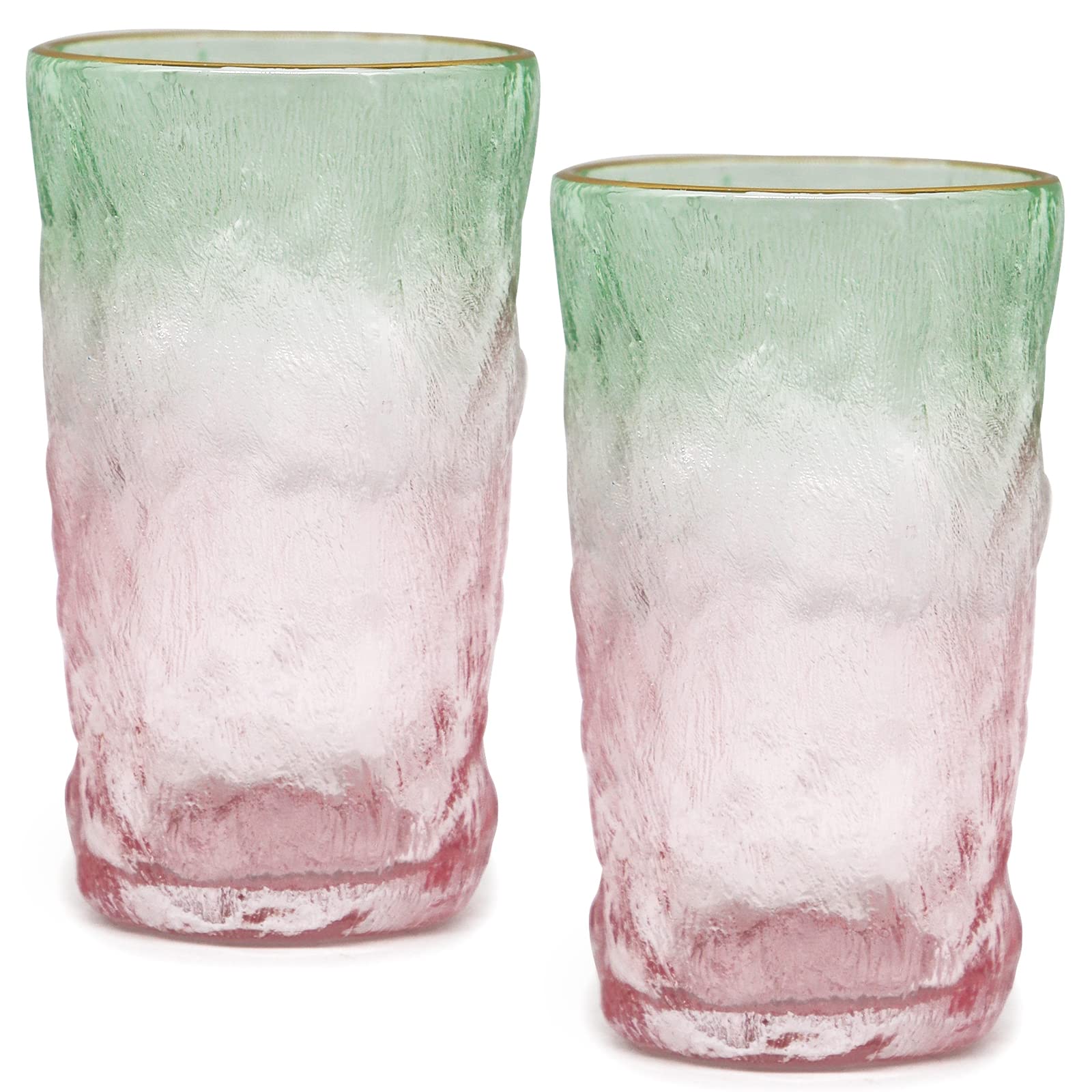 TOSSOW Drinking Glasses, Glacier Glasses Mug Glasses Set of 2 Water Glasses 350ML Glacier Pattern Glass Cups for Wine, Beer, Juice, Mojito and Cocktail(Pink Green)