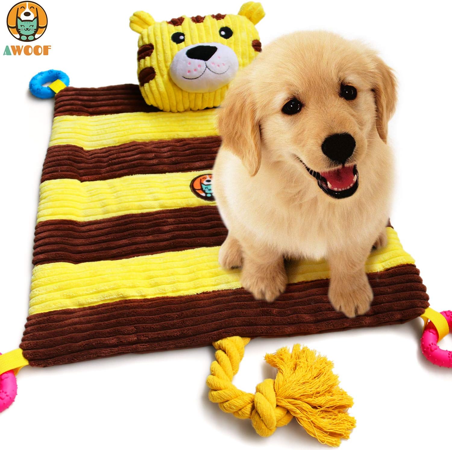 AWOOF Puppy Bed with Puppy Teething Toys, Puppy Starter Kit Pet Bed with Chew Squeak Rope Toys