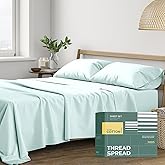 THREAD SPREAD 100% Organic Cotton Sheets Queen Size - 4 PC Organic Cotton Queen Percale Weave Sheet Set, Soft, Cooling, Crisp & Breathable, 16" Deep Pocket Hotel Quality Bedding Set - Sea Foam