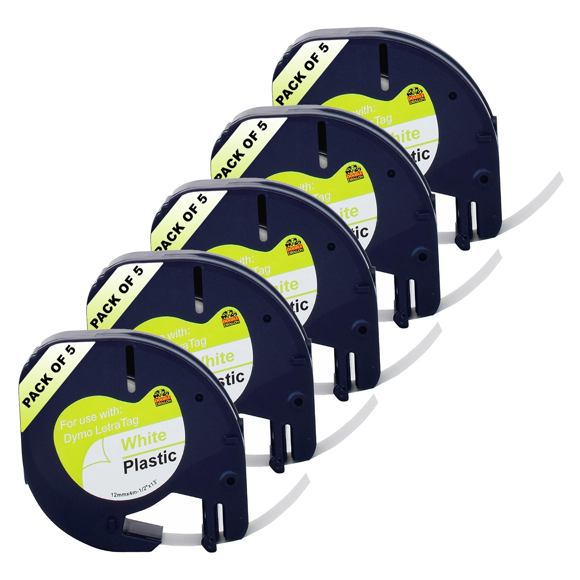 Double Dragon Compatible Label Tape for Dymo Letratag 91201 S0721610 | 12mm x 4m Plastic White, Black on White | for LT-100H 100T 110T XR XM QX50 200B 2000 Plus (5-Pack)