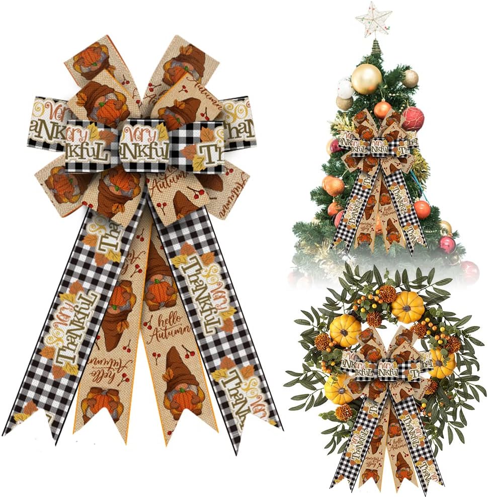 Bows & Ribbons - Large Fall Bows for Wreath, Thanksgiving Pumpkin Wreath Bows Black Orange Buffalo Plaid Bows Autumn Gnomes Burlap Tree Topper Bows for Front Door Fall Thanksgiving Day Decorations