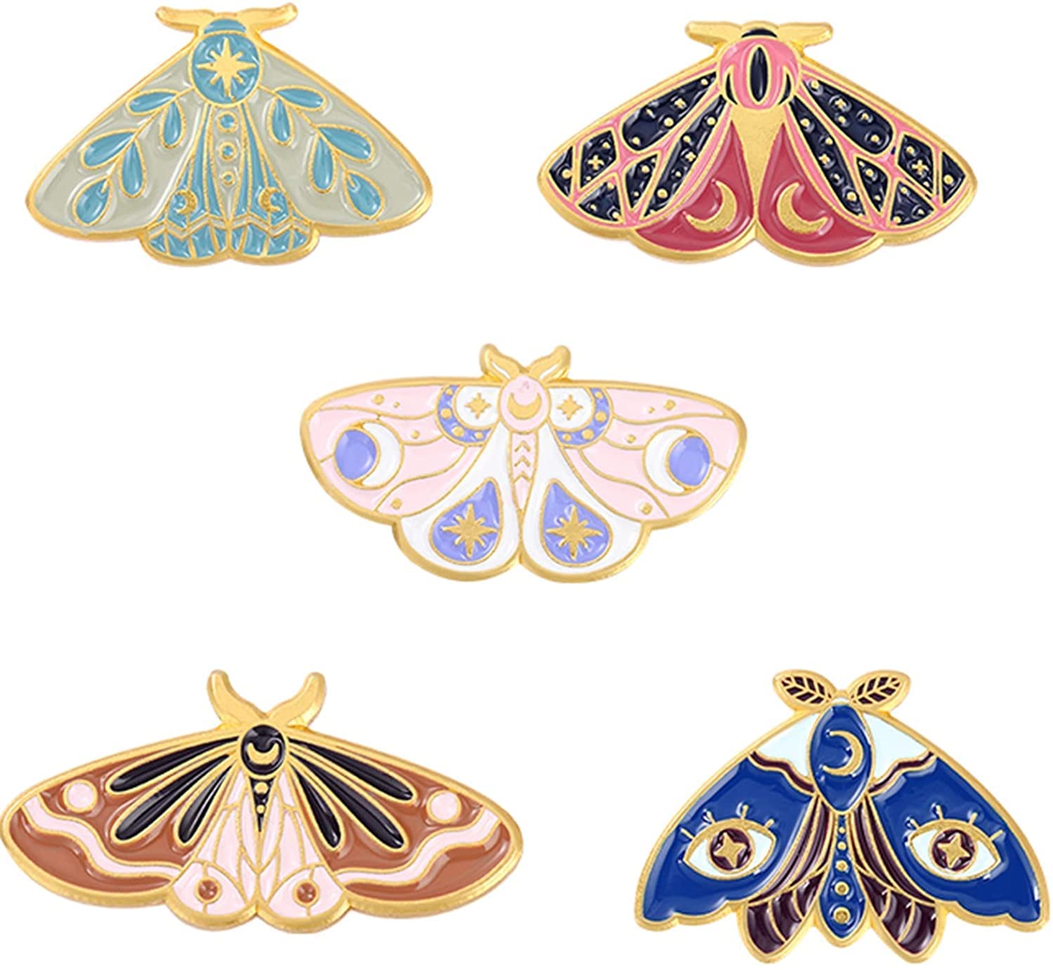 5-Piece Enamel Butterfly & Moth Pins for Backpacks, Jackets & Clothes - Cool Lapel Pin & Steampunk Badge Set for Women