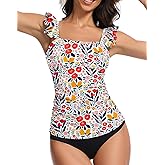 WOWENY Tankini Swimsuits for Women Ruched Tummy Control Bathing Suit Swimwear UPF 50+ Ruffle Padded Tops Only No Bottom