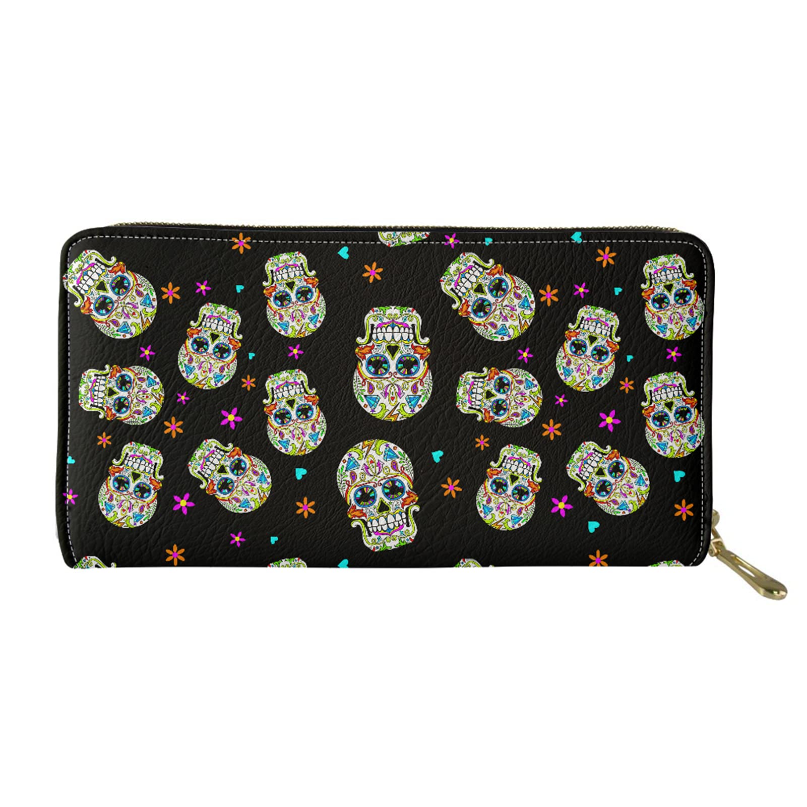 Biyejit Sugar Skull Womens Wallet Leather Zip Phone Clutch Large Travel Organizer Coin Purse Gift
