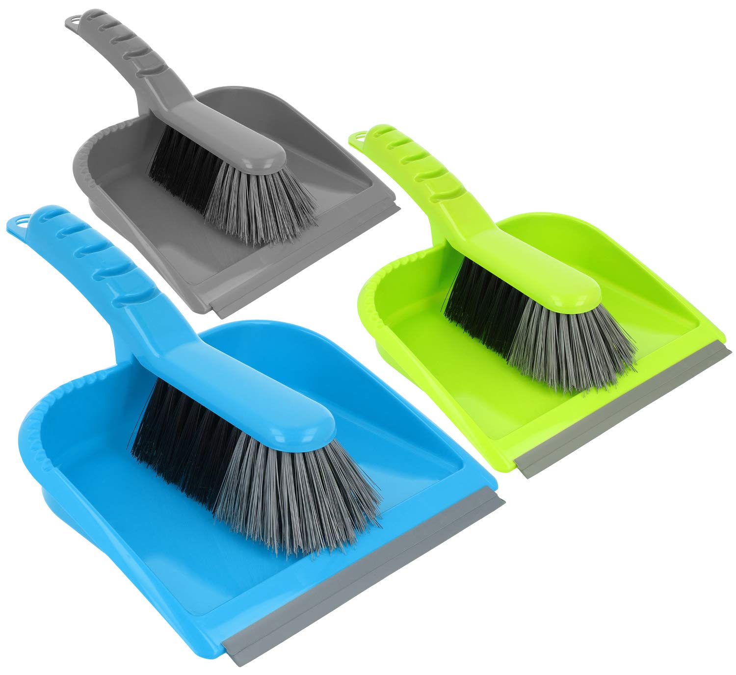 com-four® 3x sweeping set - sweeping set consisting of hand brush and dustpan - hand broom in bright colors - dustpan with rubber lip (03 pieces - colored/without silicone handle)