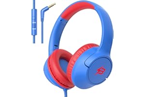 Kids Headphones for School, 85/94 dB Volume Limit, Wired Over Ear Headphones for Kids Boys Girls with Microphone, Foldable Stereo Sound 3.5mm Wired Cord for Kindle Tablet Airplane Travel, Blue