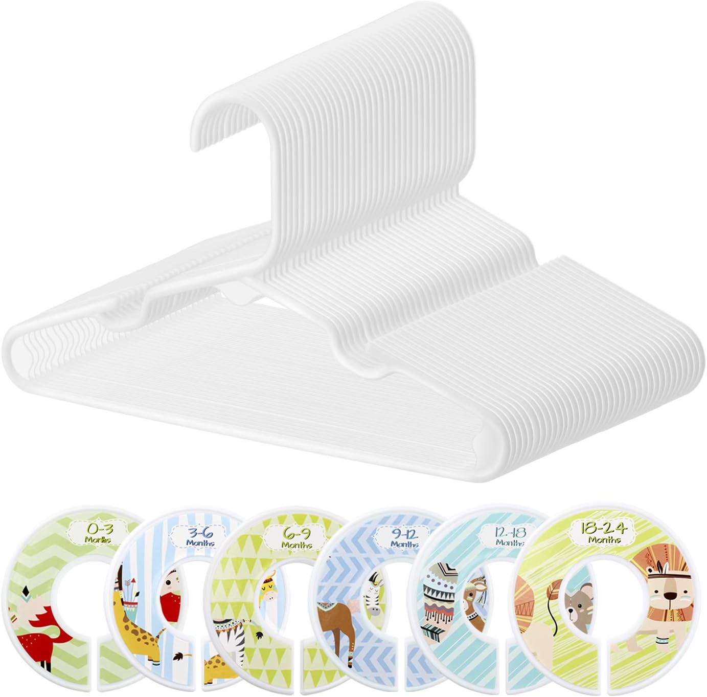 Minnebaby 30 Pack Children's Tubular Hangers, Heavy Duty White Plastic Hangers with 6 Pcs Baby Closet Dividers for Kids and Baby Clothes