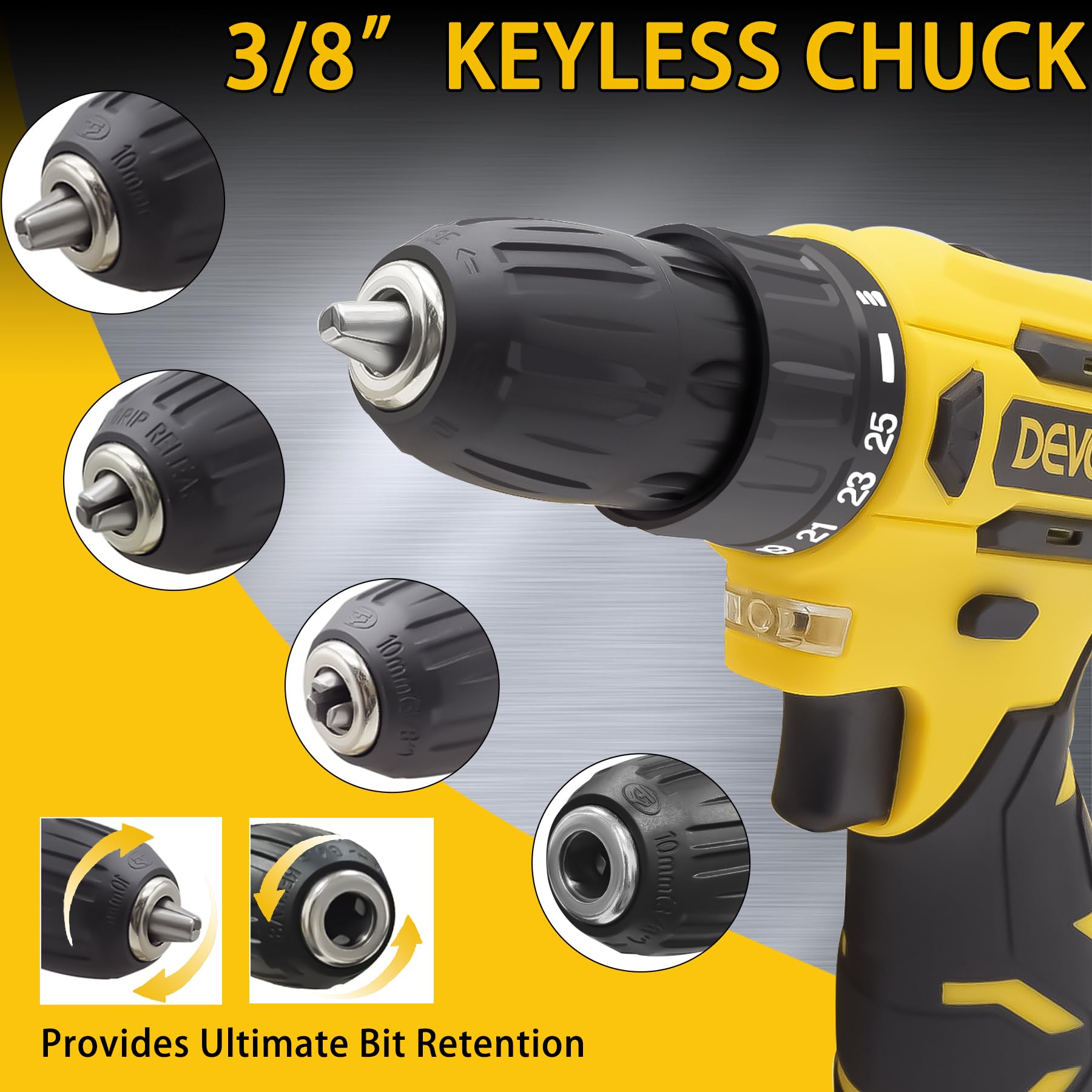 DEVONIC Cordless Drill Set,21V Electric Drill with 2 Lithium Battery and Charger,3/8