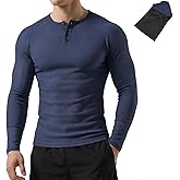 TrailTech Men's Thermal Henley Long Sleeve Ribbed Knit Base Layer, Warm Fleece Lined Slim Fit Undershirt with Laundry Bag