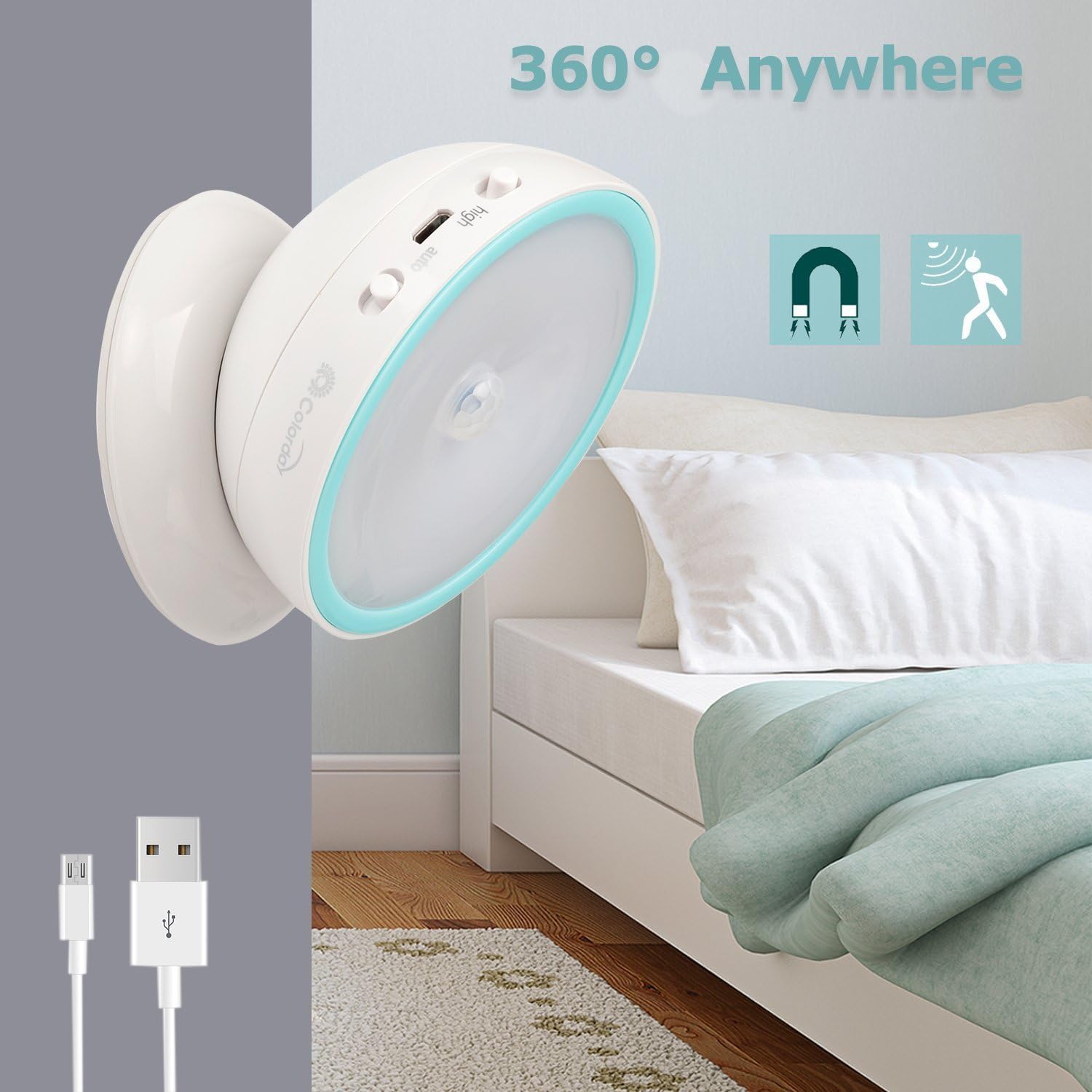 Iacon LED Nachtlicht Wireless Battery Powered Motion Sensor Wall Light White/Warm Adjustable Energy Saving Wall Light Wall STAHLER (Bulbs Included) White/Orange/Blue [Energy Class A+]
