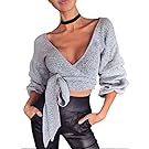 Famulily Women's Sexy Plunging Deep V Neck Bandage Tie Front Surplice Wrap Crop Top Shirts Sweater