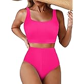 Herseas Women's Bikini Sets Scrunch Square Neck Two Piece Swimsuits High Waisted Bathing Suits