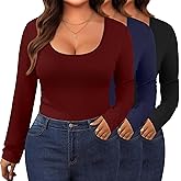 Evervibe 3 Pack Women's Plus Size Long Sleeve Shirts Scoop Neck Slim Fitted Top Casual Stretchy Base Layer Undershirts