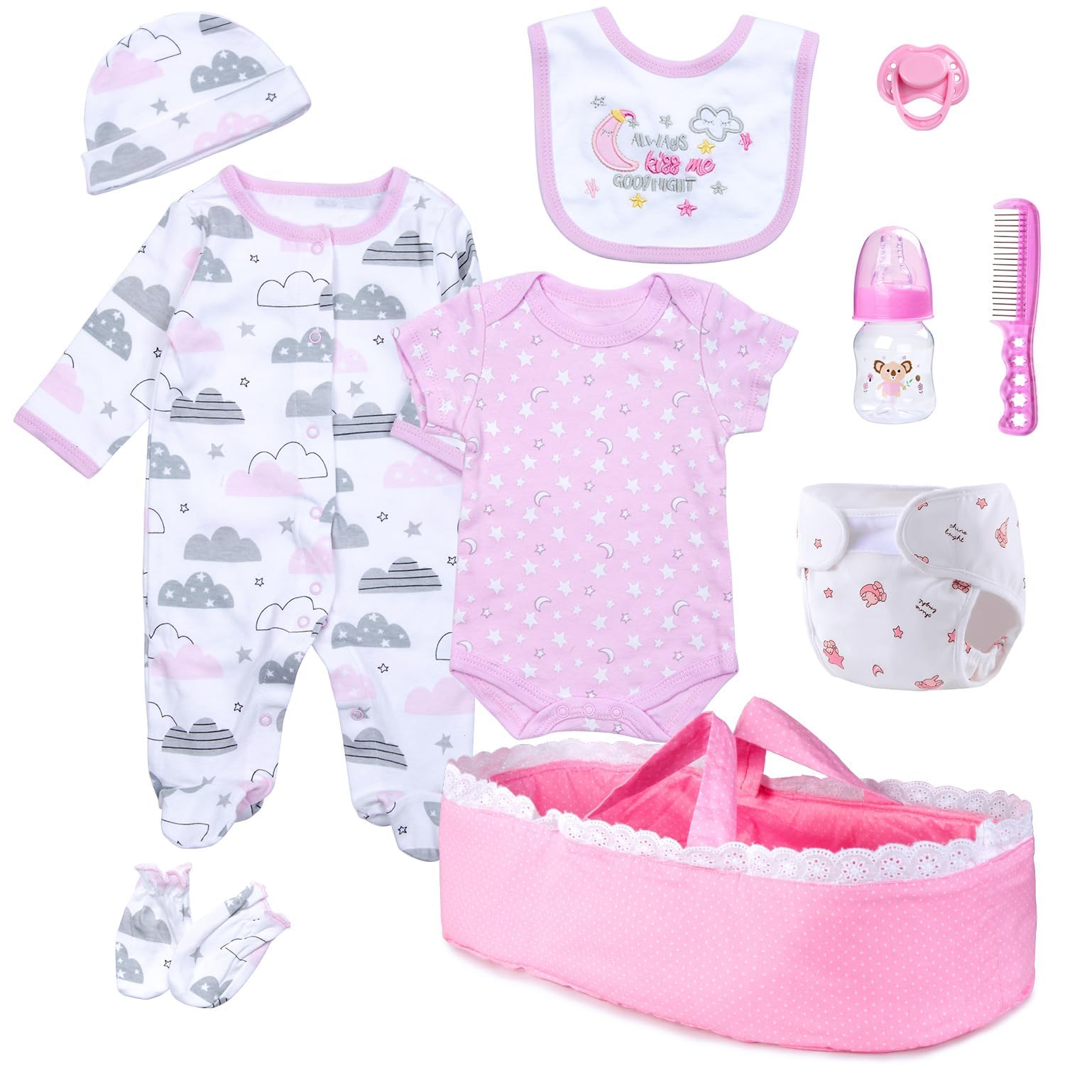 Photo 1 of 10 Pcs Reborn Baby Doll Clothes for 18-22 Inch Reborn Dolls Clothes Accessories with Pink Bassinet
