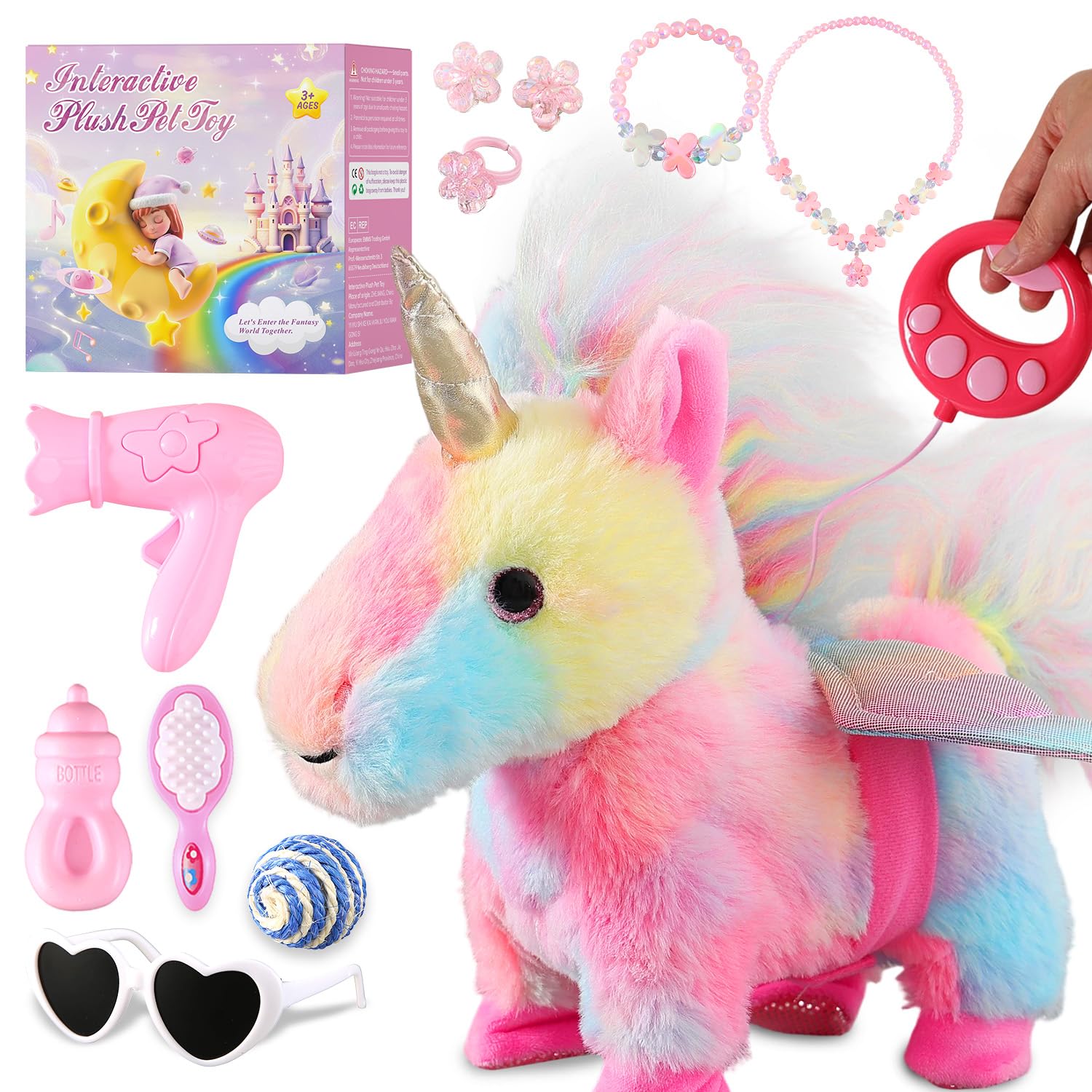 Colorful Unicorn Toys for Girls Toy Set Singing Walking Electronic Plush Unicorns with Control Leash, Pretend Dress Up Cute Wings Animated Stuffed Unicorn Gift for Girl Toddler Kids 3 4 5 6 Years