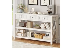 FATORRI Console Table for Entryway, Rustic Wood and Metal Sofa Table with 3 Drawers for Living Room, Farmhouse Hallway Tables and Modern Couch Tables Behind Sofa (54.72 Inch Long, White Oak)