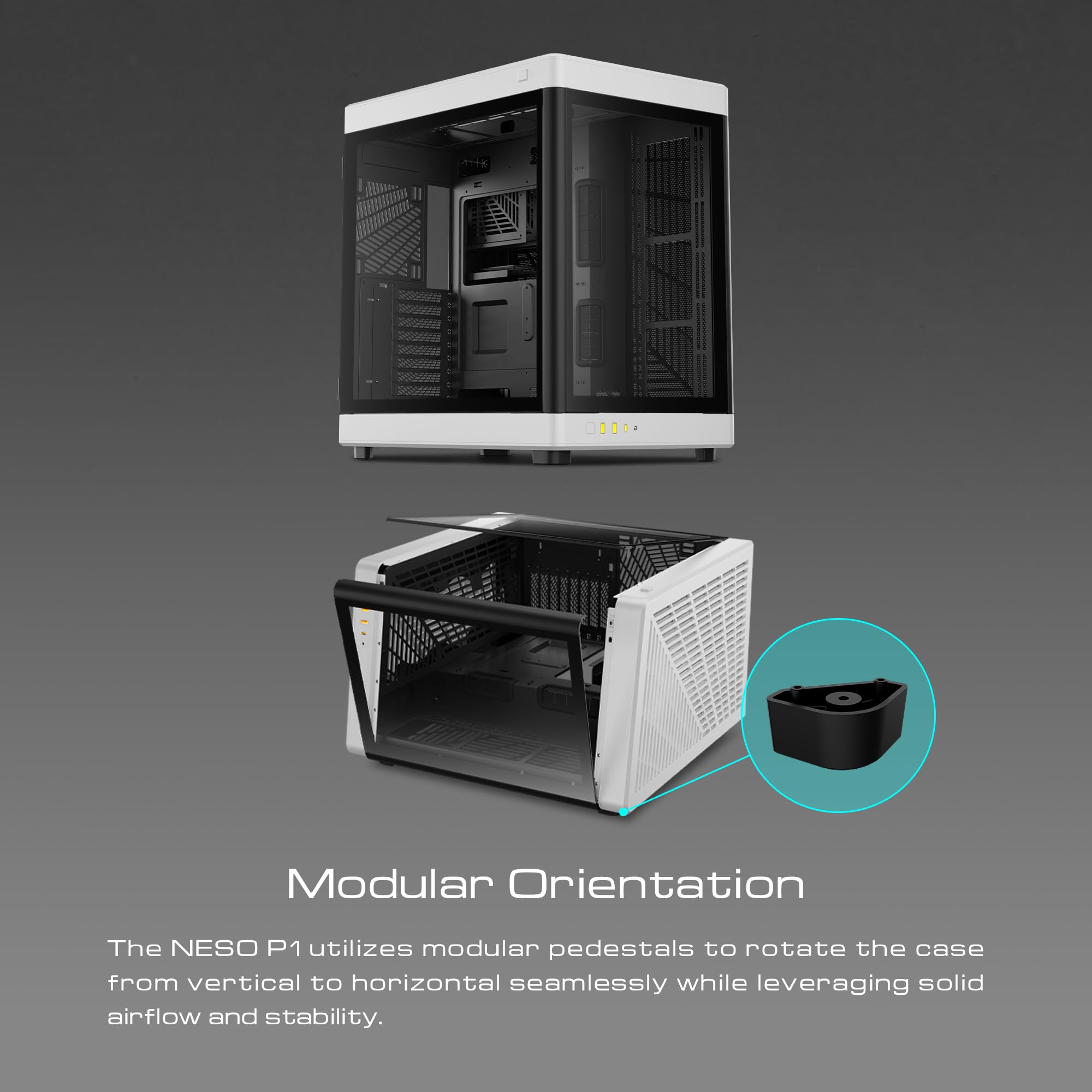GAMDIAS RGB Dual-Chamber Panoramic Tempered Glass Gaming PC Case; 2-way Standing with Vertical & Horizontal Orientaton and One-touch Open; Computer Case support 420mm AIO & Huge Cable Management Space