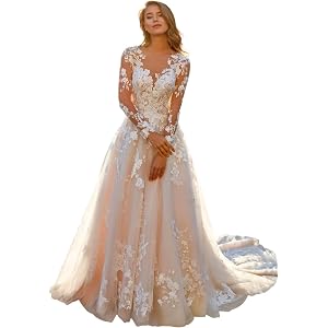 Tulle Wedding Dresses for Bride with Lace Appliques A Line Women Dress Long Sleeves Beach Bride Dress HS006