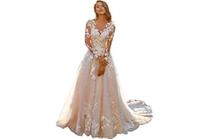 PSEADUJCN Lace Wedding Dresses for Bride Long Sleeve Tulle A Line Bridal Gown with Train HS006