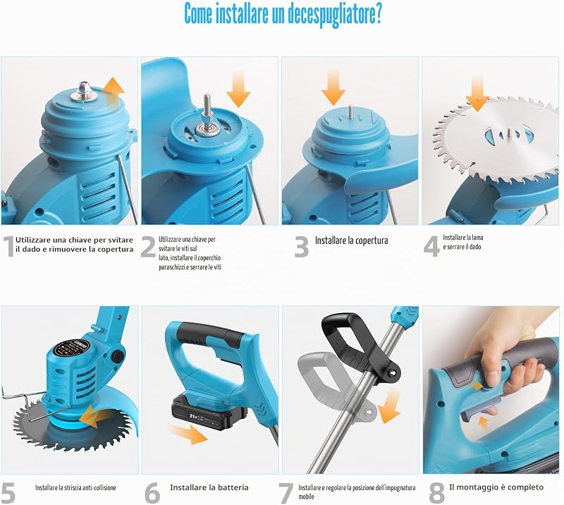 Decespugliatore a Batteria 21V, Tagliabordi a Batteria con 2 Batterie 2,0Ah, 2 Tipi di Lame in Metallo Tagliaerba Elettrico, Forbici Potatura, Angolazione Regolabili per Giardino Potatura (Blu)