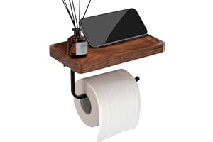 TOKCKYBL Toilet Paper Holder with Walnut Wood Shelf - Wall Mount & Self-Adhesive Bathroom Tissue Holder, Black Stainless Steel with Walnut Shelf for Phone - Home Apartment Restroom Decor Essentials