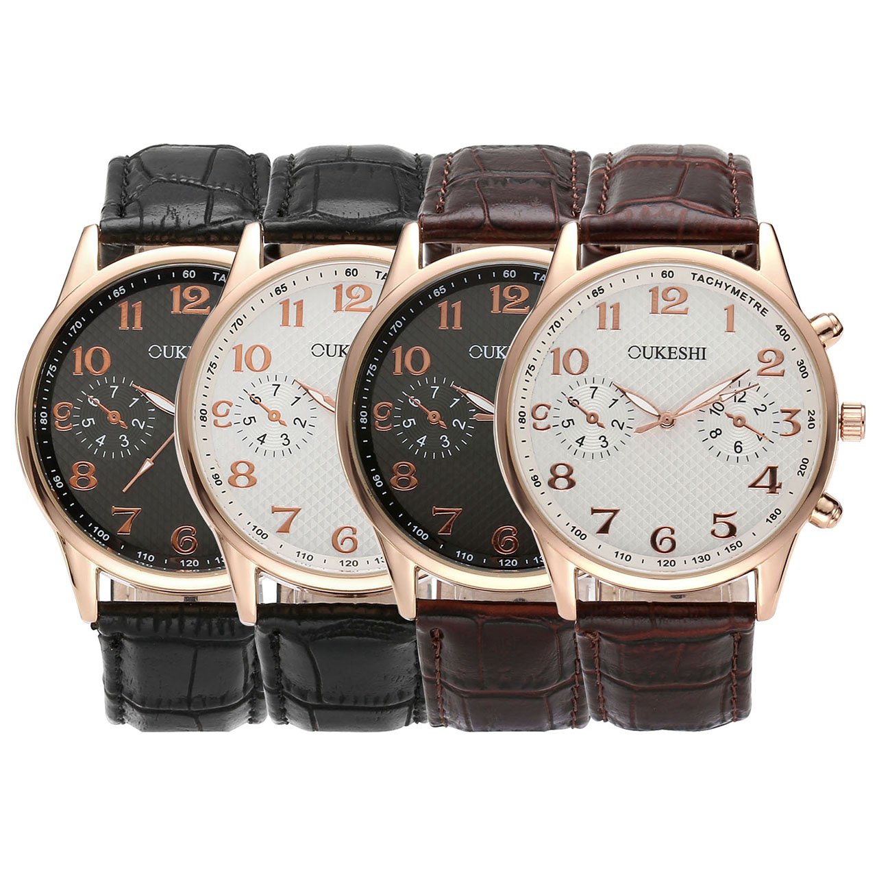 JSDDE Uhren,Herren Business Armbanduhr Arabische Ziffern Unecht Chronograph Wasserdicht Lederband Rosengold Analog Quarzuhr,Weiß+Schwarz